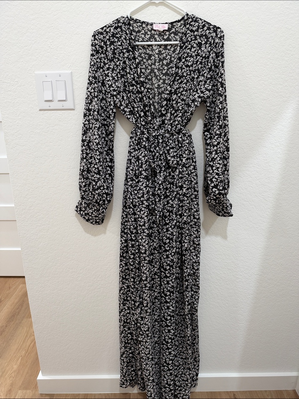 Pink Lily Black & White Floral Tie-Front Maxi Dress